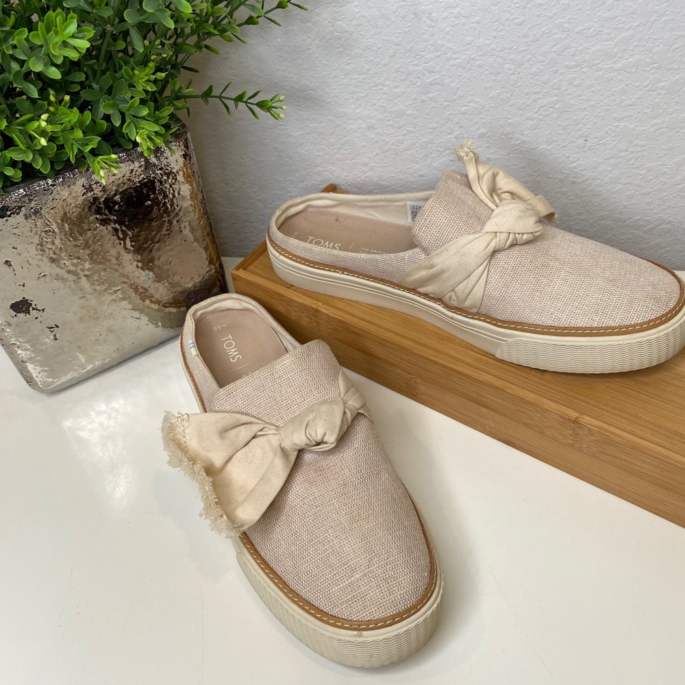 TOMS Heritage Mule Womens Beige Linen Knotted Bow Platform Slip On Boho 9.5